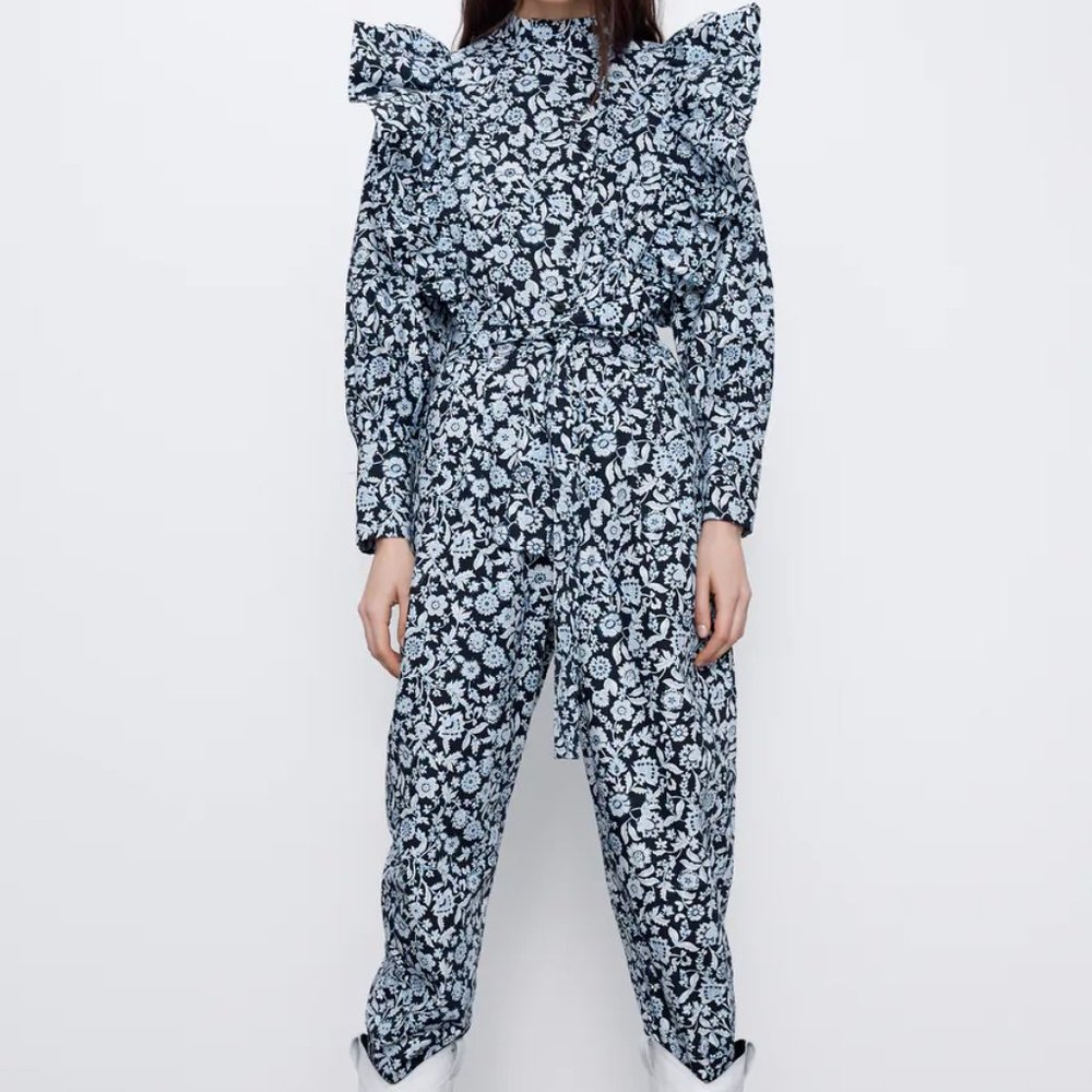 Zara Poplin Jumpsuit Black Blue Ruffle Blogger Fav